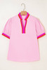 Pink Contrast Striped V Neck Collision Short Puff Sleeve Blouse Pink Contrast Striped V Neck Collision Short Puff Sleeve Blouse