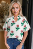 Beige Floral Print Shirred Split Neck Short Sleeve Blouse Beige Floral Print Shirred Split Neck Short Sleeve Blouse