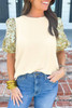 Beige Contrast Floral Bubble Sleeve Patchwork Ribbed Top