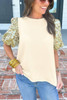 Beige Contrast Floral Bubble Sleeve Patchwork Ribbed Top
