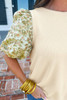 Beige Contrast Floral Bubble Sleeve Patchwork Ribbed Top