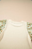 Beige Contrast Floral Bubble Sleeve Patchwork Ribbed Top