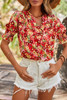 Red Floral Bubble Sleeve Pleated V Neck Wrap Blouse