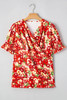 Red Floral Bubble Sleeve Pleated V Neck Wrap Blouse
