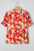 Red Floral Bubble Sleeve Pleated V Neck Wrap Blouse