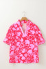 Red Floral Split V Neck Ruffled Short Sleeve Blouse Top