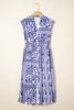 Dirty blue Shirred Waist V Neck Sleeveless Floral Print Midi Dress