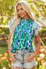 Green Floral Print Lace Trim Contrast Ruffle Sleeve Pleated Loose Blouse