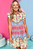 Rose Floral Mixed Pattern Ruffle Flutter Sleeve Buttoned Dress