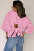 Pink Stripe Bowknot Cutout Back Drop Shoulder Wide Bracelet Sleeve Loose Tee