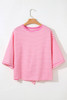 Pink Stripe Bowknot Cutout Back Drop Shoulder Wide Bracelet Sleeve Loose Tee