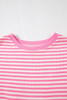 Pink Stripe Bowknot Cutout Back Drop Shoulder Wide Bracelet Sleeve Loose Tee