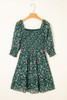 Green Smocked Square Neck Puff Short Sleeve Floral Dress