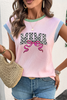 Pink MAMA Bow Graphic Contrast Trim Cap Sleeve 3D Rib T Shirt