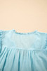 Mist Blue Embroidered Lace Patchwork Tie Neck Puff Short Sleeve Blouse
