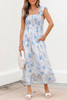 Sky Blue Floral Smocked High Waist Double Ruffle Sleeveless Long Dress