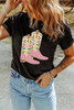 Black Floral Cowgirl Boots Cotton Blend T Shirt Black Floral Cowgirl Boots Cotton Blend T Shirt