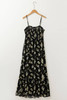 Black Floral Spaghetti Strap Shirred Bodice Tied Empire Waist Maxi Dress
