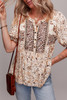 Khaki Boho Floral Print Half Placket Short Sleeve Loose Blouse