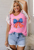 Bonbon Independence Celebration Bowknot Graphic Ruffled Sleeve Ribbed Summer Top