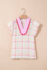 White Plaid Flutter Sleeve Colorblock Ric Rac Split V Neck Blouse