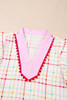 White Plaid Flutter Sleeve Colorblock Ric Rac Split V Neck Blouse