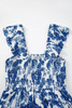 Blue Floral Ruffle Strap Square Neck Smocked Bodice Midi Dress