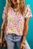 Pink Floral Puff Short Sleeve Crewneck Blouse