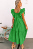 Green Ruffled Flutter Sleeve Square Neck Textured Tiered Maxi Dress