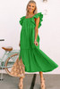 Green Ruffled Flutter Sleeve Square Neck Textured Tiered Maxi Dress