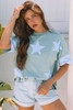 Smoke Green Frayed Denim Star Patched Oversize T Shirt