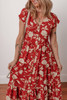 Red Floral Print Buttoned Front V Neck Tiered Short Sleeve Midi Dress