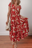 Red Floral Print Buttoned Front V Neck Tiered Short Sleeve Midi Dress