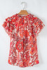Red Vintage Floral Ruffle Sleeve V Neck Blouse