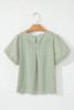 Green Stripe Textured Round Neck Short Puff Sleeve Blouse Green Stripe Textured Round Neck Short Puff Sleeve Blouse