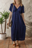 Navy Blue V Neck Buttoned Front Shirred Back Short Sleeve Midi Dress