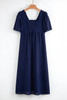 Navy Blue V Neck Buttoned Front Shirred Back Short Sleeve Midi Dress