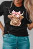 Black Bow Cow Head Graphic Western Fashion T Shirt