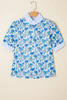Sky Blue Floral Print Striped Patchwork Collared Short Sleeve Blouse