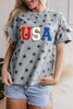 Gray USA Letter Patched Star Printed Ruffle Trim Sleeves Loose Tee