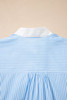 Sky Blue Stripe Contrast Collar Patchwork Hidden Button Short Sleeve Summer Shirt