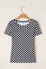 Black Checkered Ribbed Slim Fit Crew Neck T Shirt