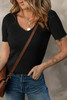 Black V Neck Ribbed Knit Lightweight Short Sleeve Sweater