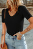 Black V Neck Ribbed Knit Lightweight Short Sleeve Sweater