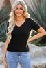 Black V Neck Ribbed Knit Lightweight Short Sleeve Sweater