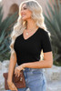 Black V Neck Ribbed Knit Lightweight Short Sleeve Sweater