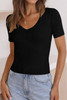 Black V Neck Ribbed Knit Lightweight Short Sleeve Sweater