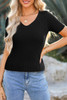 Black V Neck Ribbed Knit Lightweight Short Sleeve Sweater