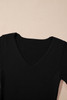 Black V Neck Ribbed Knit Lightweight Short Sleeve Sweater