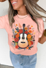 Pink Guitar Flower Print Crew Neck Loose T Shirt